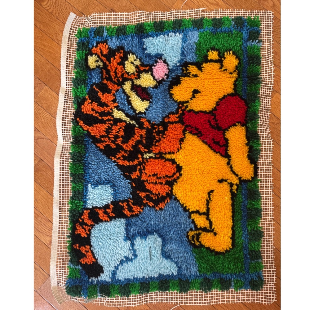 Vintage 70s Handmade Winnie the Pooh and Tigger Latch Hook Rug Wall Hanging Art